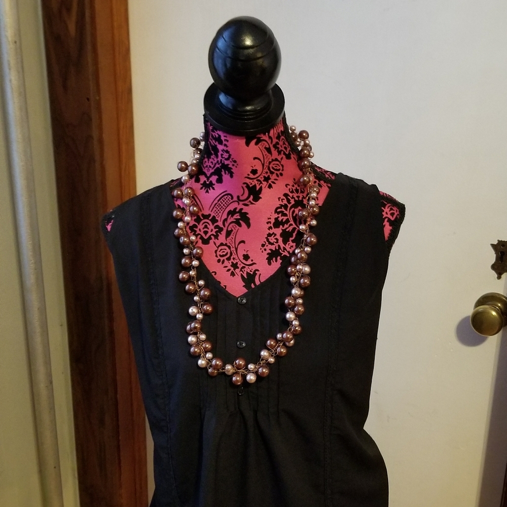 Handmade necklace bead crochet Huge, chunky brown pearl beaded copper - Picture 3 of 6